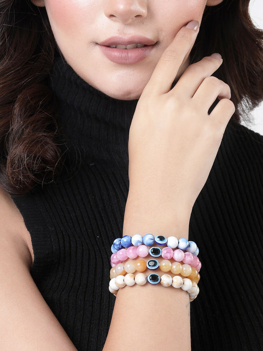NVR Men & Women Set of 4 Artificial Beads-Beaded Evil Eye Elasticated Bracelet - NR Retail-NVR