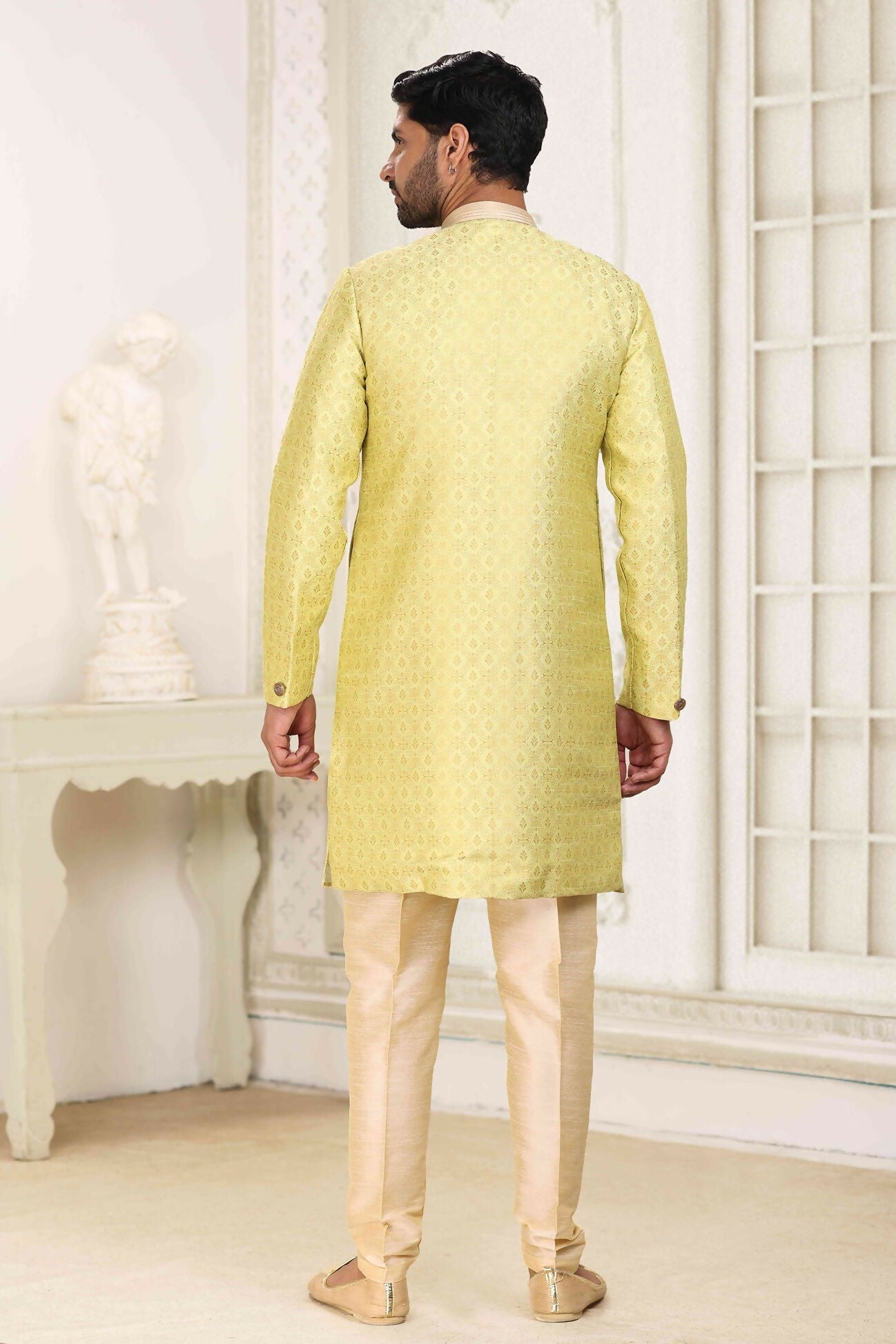 Raivat Ethnic Banarasi Jacquard Embroidery Semi Indo Western Sherwani In Lemon Yellow Colour | Swadesiicart