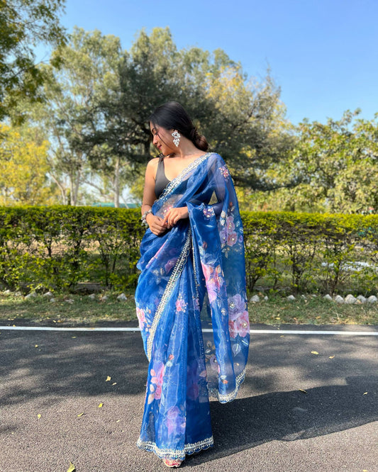 Vamsee Sia Blue Organza Saree - Swadesiicart