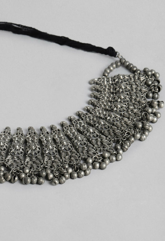 Mominos Fashion Johar Kamal Oxidised Silver-Plated Brass Finish Temple Jewellery with Earrings For Women