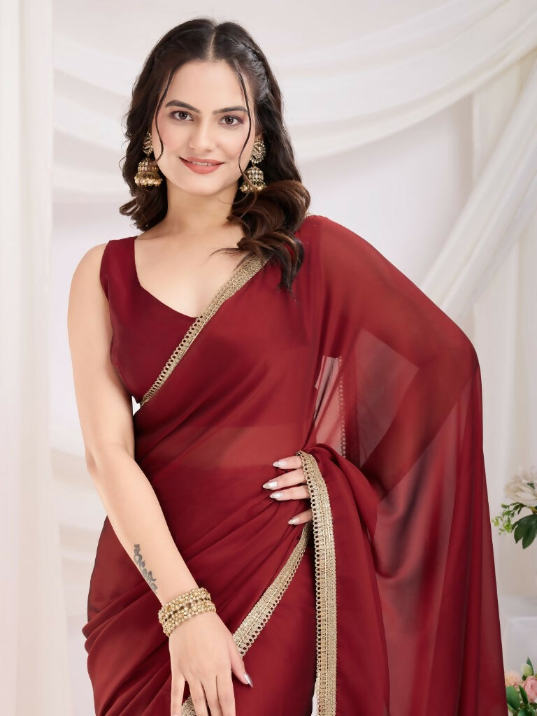 Maroon Rangoli Silk Solid, Lace Border Ready To Wear Saree - Kashvi | Swadesiicart