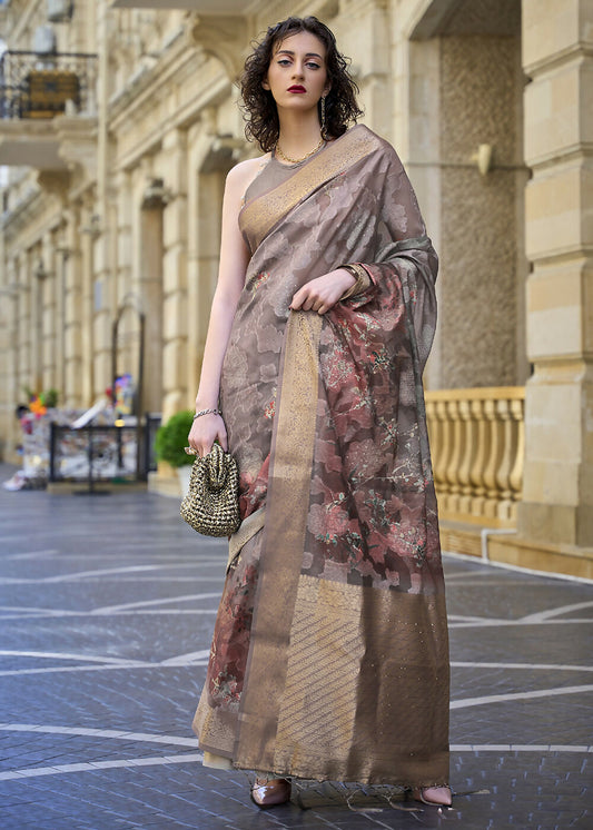 Lovely Brown & Grey Polly Brasso Designer Saree - Emponline | Swadesiicart