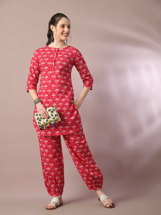 Myshka Women's Pink Printed Cotton Round Neck Party Tunic With Trousers Co-ord set - Swadesiicart