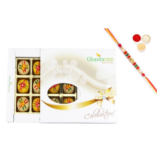 Ghasitaram Assorted Mawa Peda With Pearl Beads Rakhi | Swadesiicart