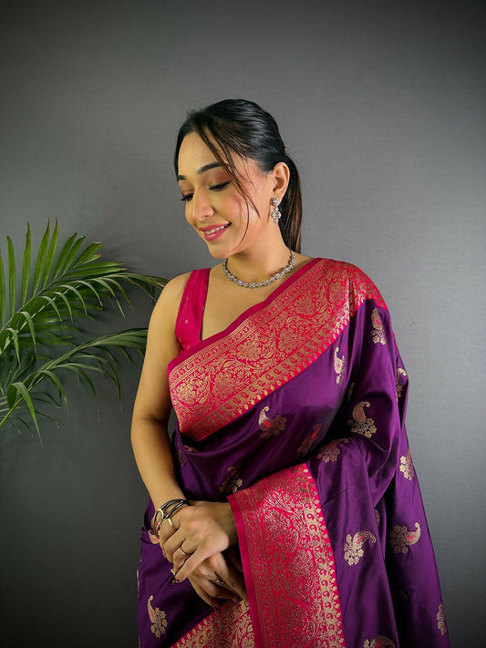 Joban Fashion Banarasi Purple Woven Butti Soft Silk Saree | Swadesiicart