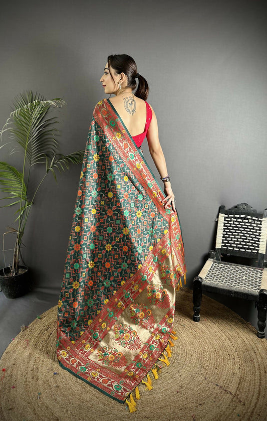 Joban Fashion Dark Green Banarasi Soft Silk Woven Saree | Swadesiicart