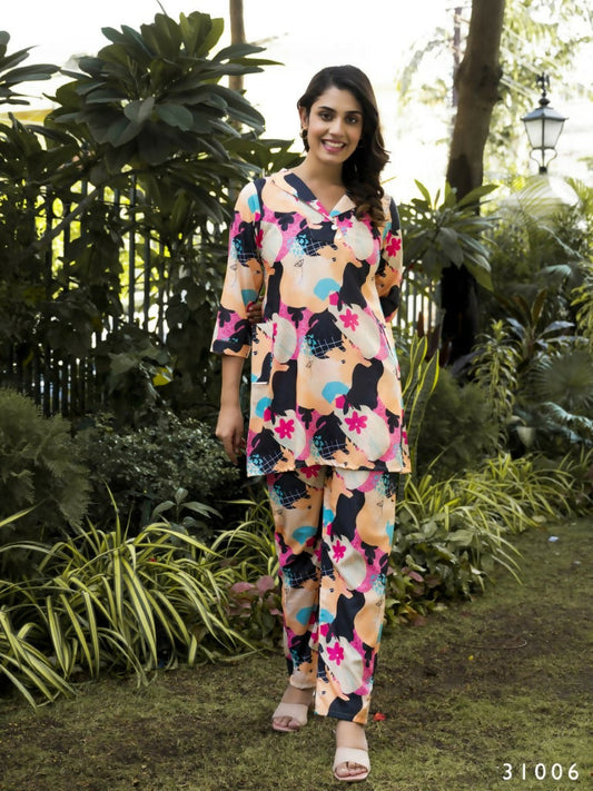 Casual Fashionable Multi Muslin Cotton co-ord set - Manya - Swadesiicart