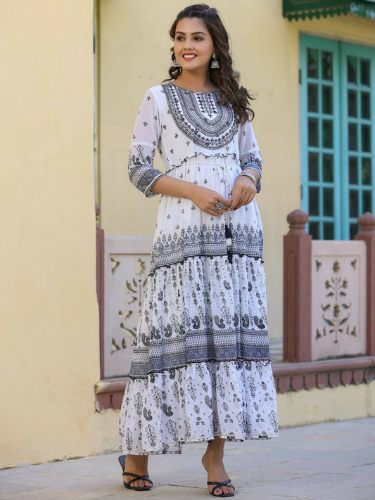 Juniper Women's Black Georgette Floral Embroderied Maxi Dress | Swadesiicart