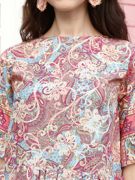 Red Rayon Floral Printed Top with Matching Bottom - Eesha - Swadesiicart