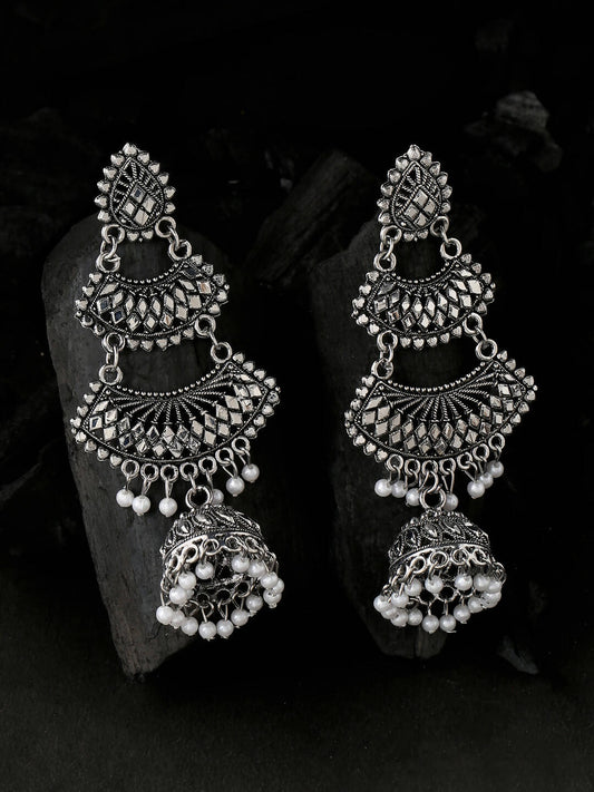 NVR Women Silver Toned Contemporary Jhumka Earrings | Swadesiicart