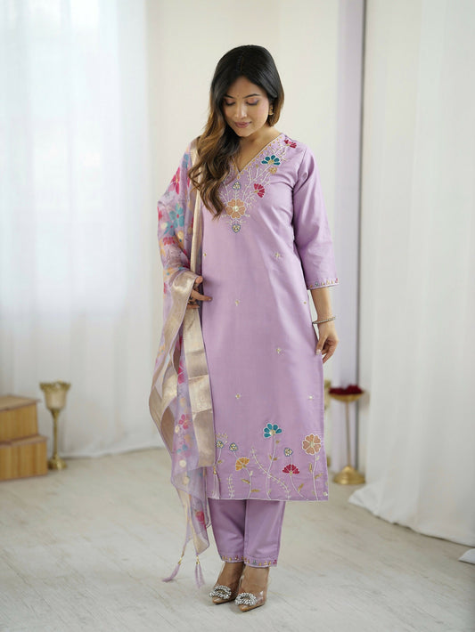 The52 Lavender Women's Gorgeous Embroidered work Viscose Gadhwal Fabric Straight Kurta, Pant and Dupatta Set - Swadesiicart
