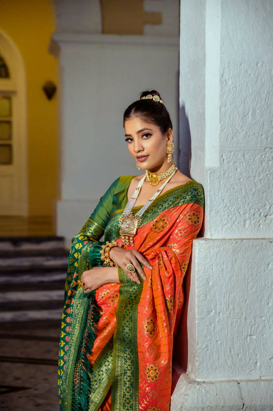 Vishnu Weaves Women's Orange Patola Banarasi Silk Meenakari Zari Woven Saree with Blouse - Swadesiicart