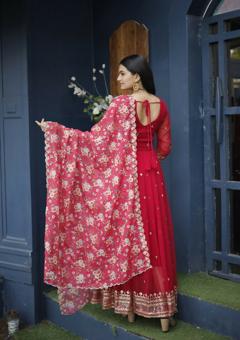 Jyoti Fashion Women's Red Faux Blooming Sequins with Zari Embroidery Anarkali Dress with Dupatta | Swadesiicart