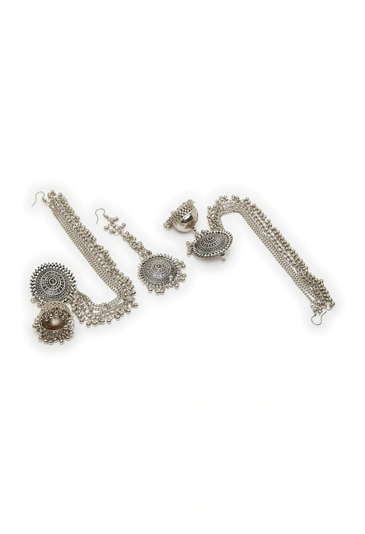 Mominos Fashion Johar Kamal Bahubali Silver Colour Earrings With Tikka - Swadesiicart