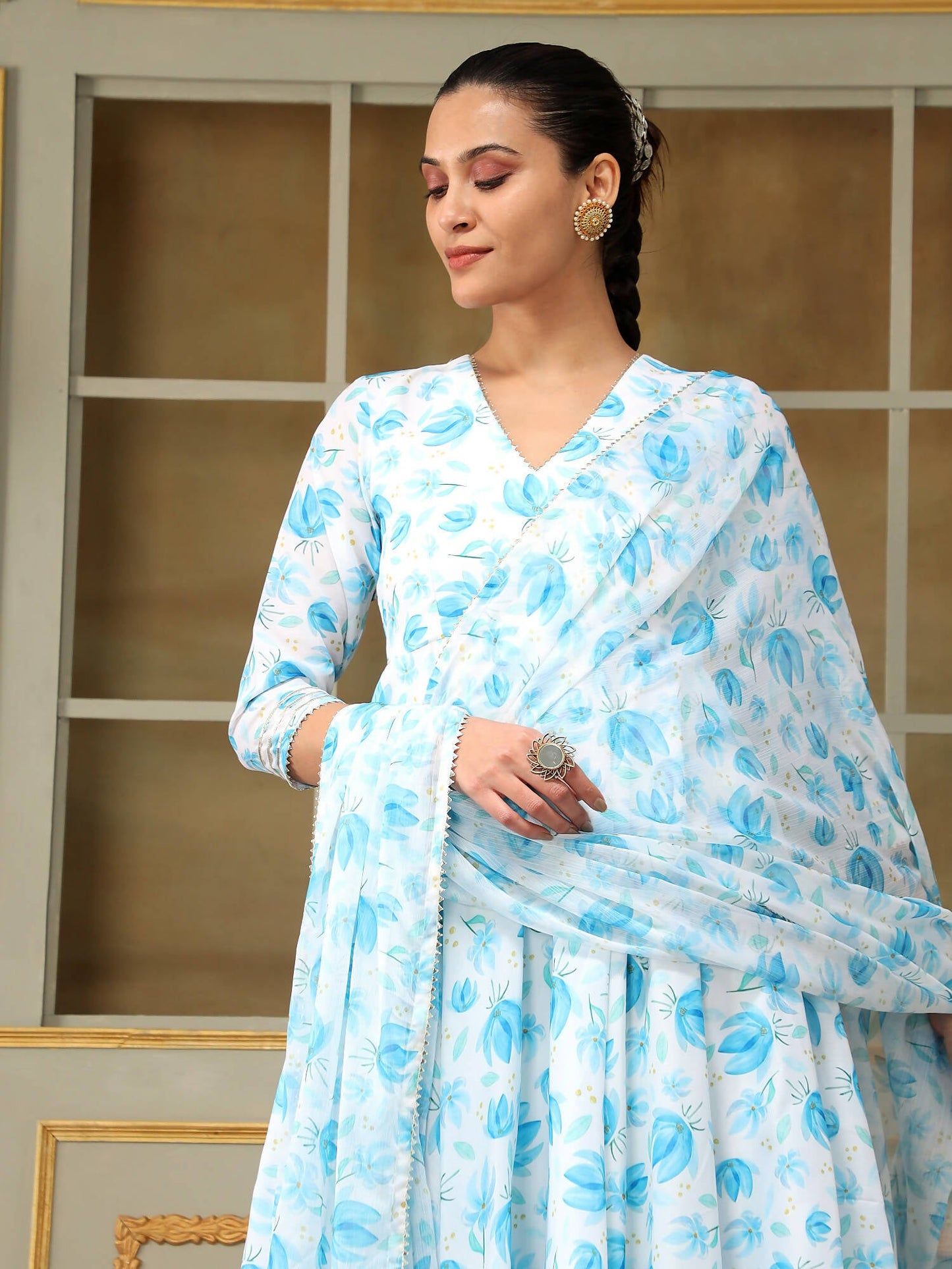 Pomcha Jaipur Blue Saadgi Blue Phool Anarkali Set | Swadesiicart