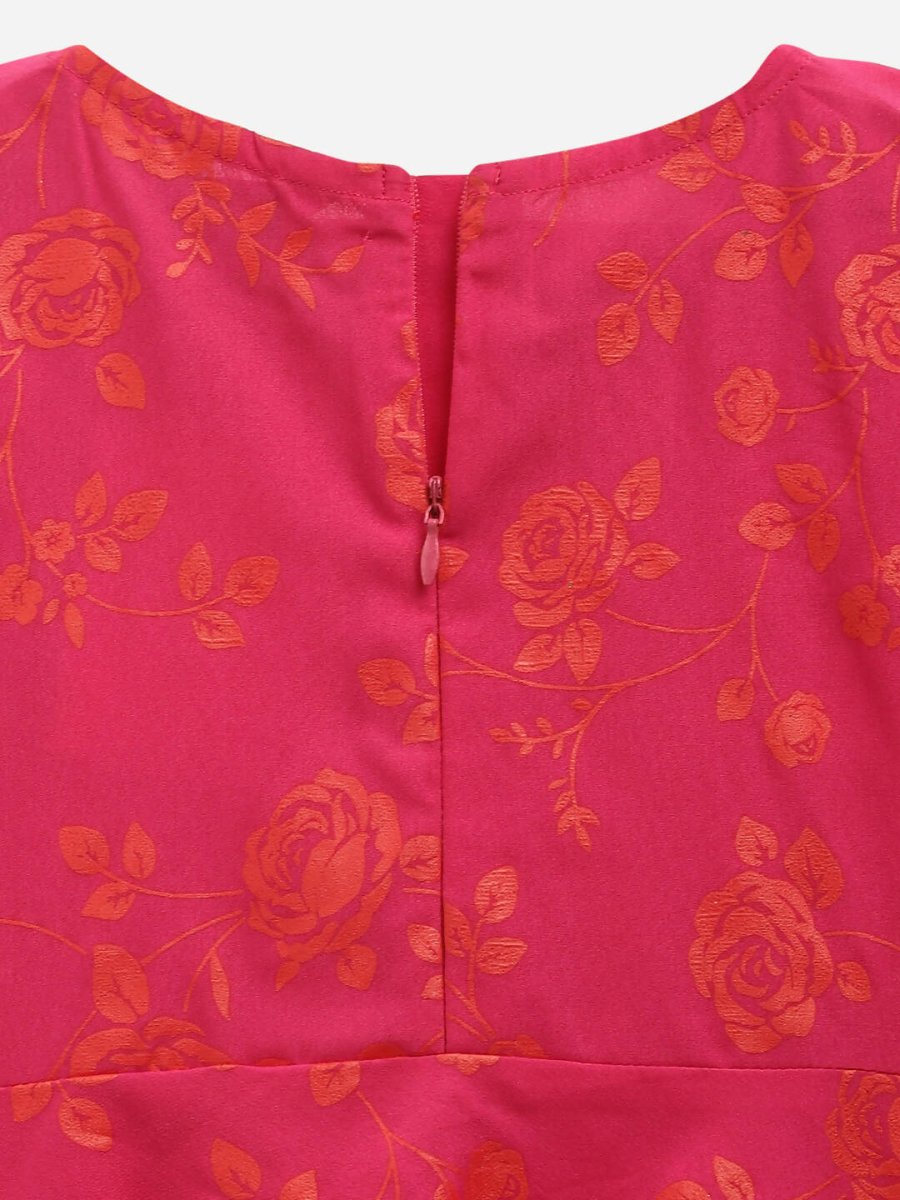 Ahalyaa Dark Pink Crepe Khari Print kids Dress Attached Jacket For Girls | Swadesiicart