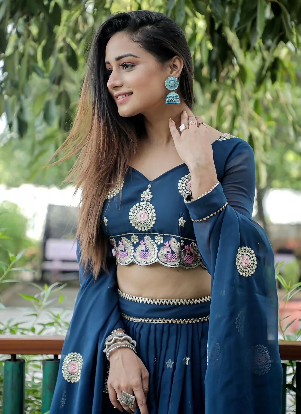 Jyoti Fashion Blue Sequence with Thread Zari Embroidery Georgette Lehenga Choli with Dupatta | Swadesiicart