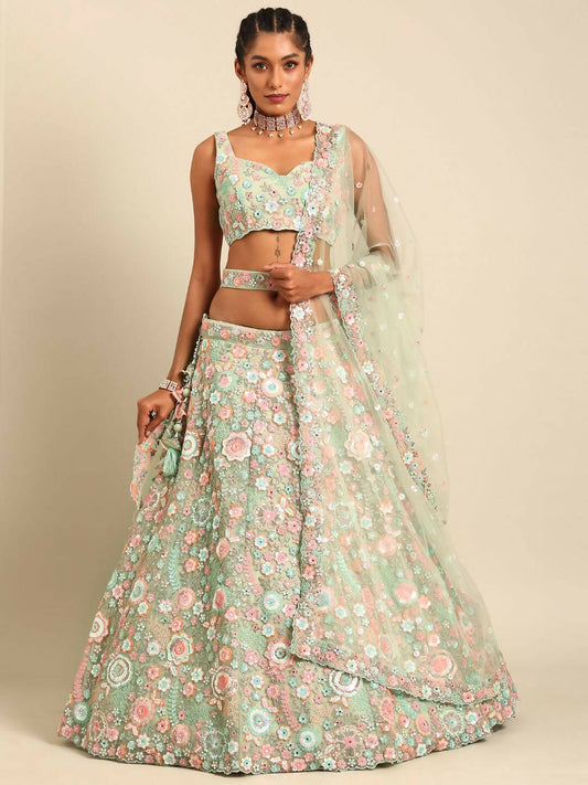 House of Panchhi Lime Green Net Sequins, Mirror and thread embroidery Lehenga choli & Dupatta | Swadesiicart