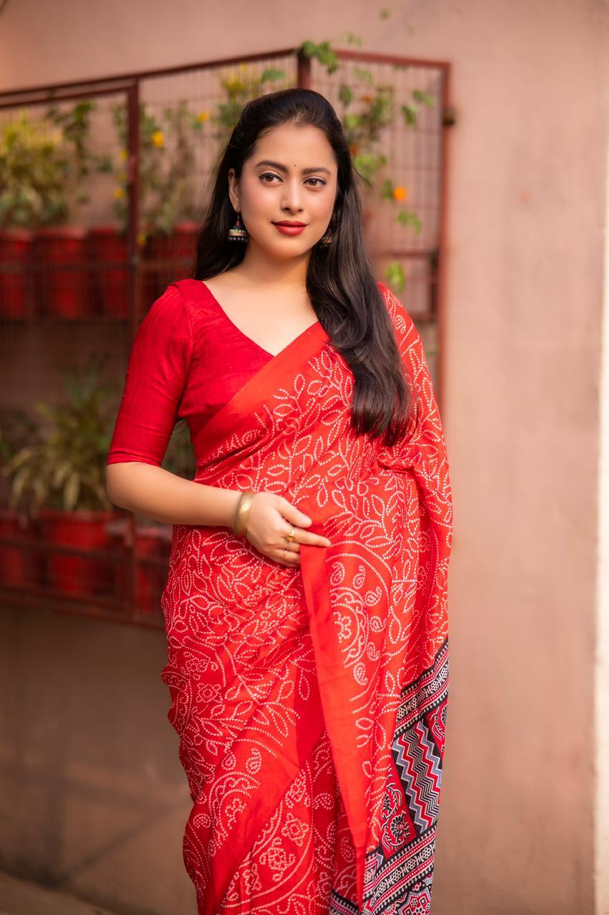 Red Silk Blend Ajrak Saree with Unstitched Blouse - Hiral Fashion | Swadesiicart
