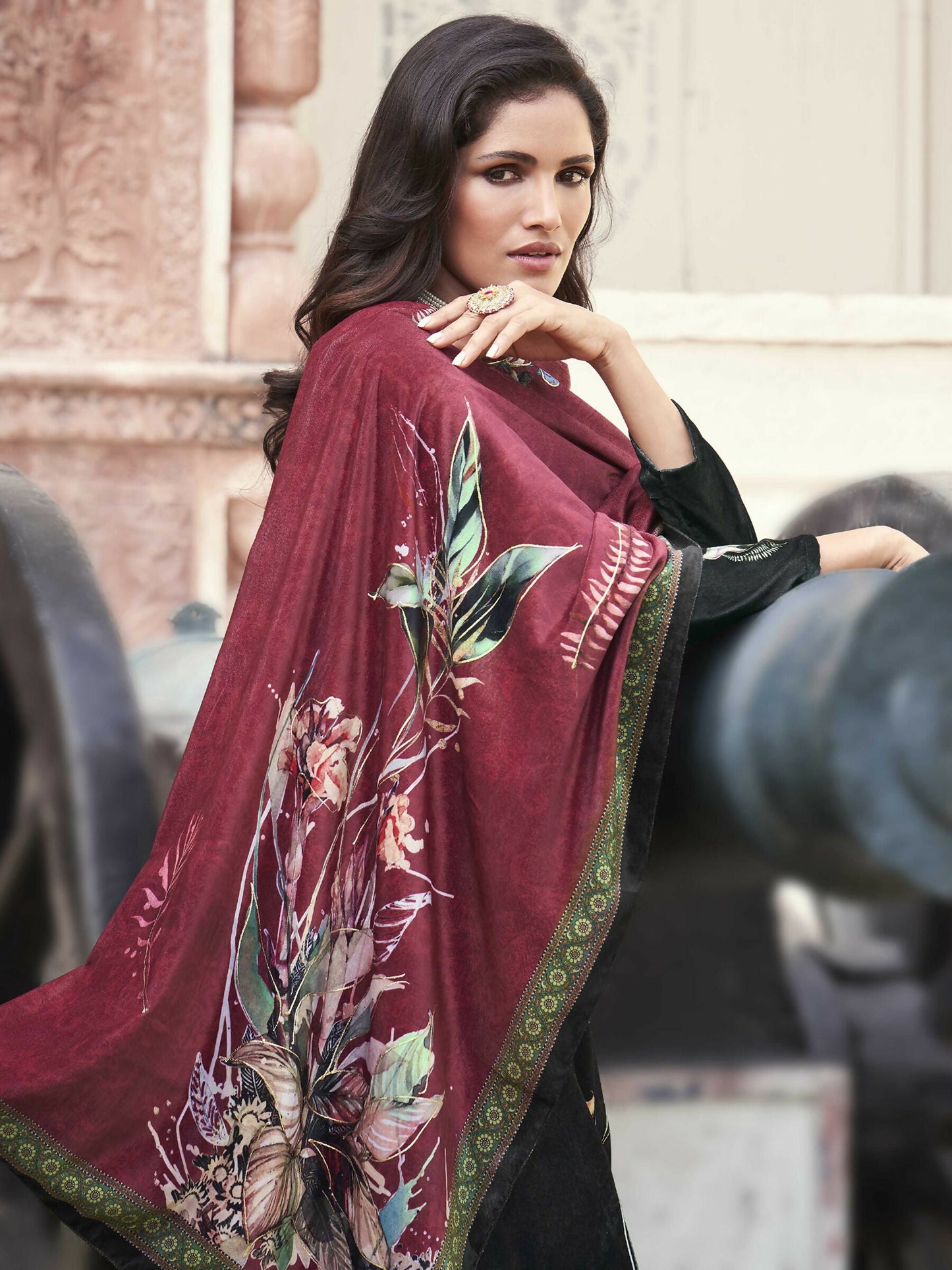 Jyoti Fashion Women's Black Velvet Floral Digital Printed Kurta with Trouser & Dupatta