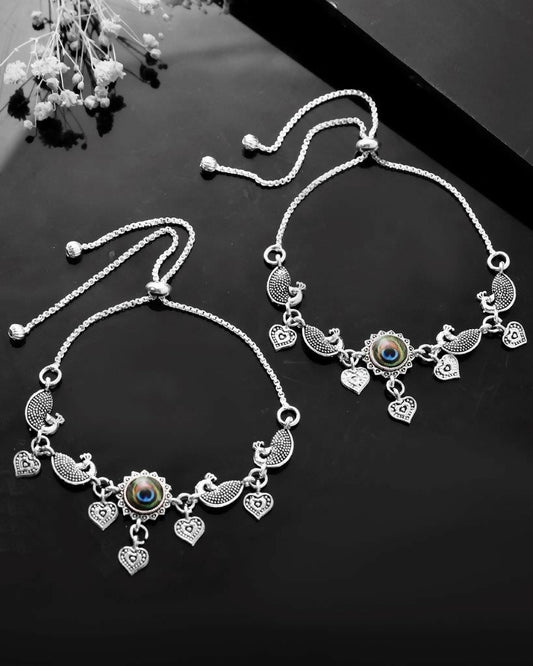 VOJ Set Of 2 Silver Plated Peacock Handcrafted Anklets - Swadesiicart