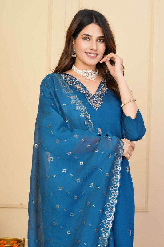 Rama Viscose Chanderi Embroidered Stitched Suit With Dupatta - Tanisha | Swadesiicart