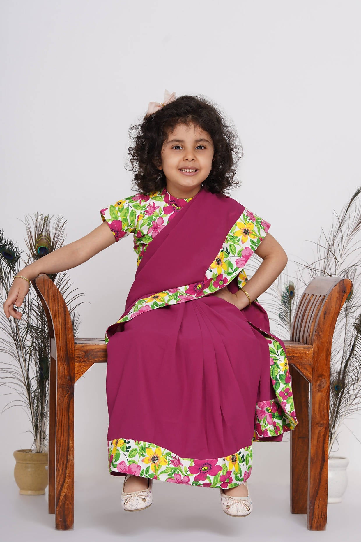 Little Bansi Girls Floral Print Ready to Wear Saree and Floral Blouse - Magenta | Swadesiicart
