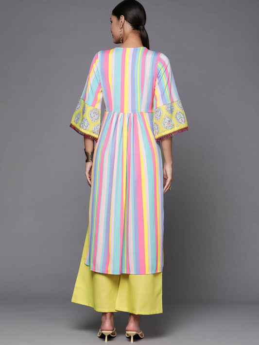 Ahalyaa Women Neon Green & Blue Candy Striped Kurta with Palazzos | Swadesiicart