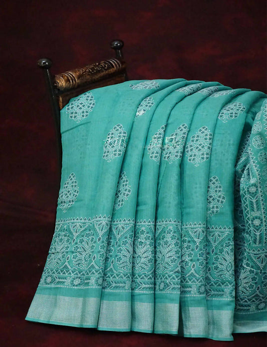 Rama Green Coloured Block Print Semi Chanderi Saree By Gayathri Reddy Designer Studio | Swadesiicart