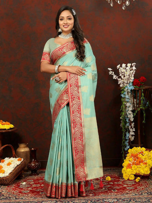 Lorenvalley Fashion Skyblue Cotton Woven Design with Zari Weaving Design Saree - Swadesiicart