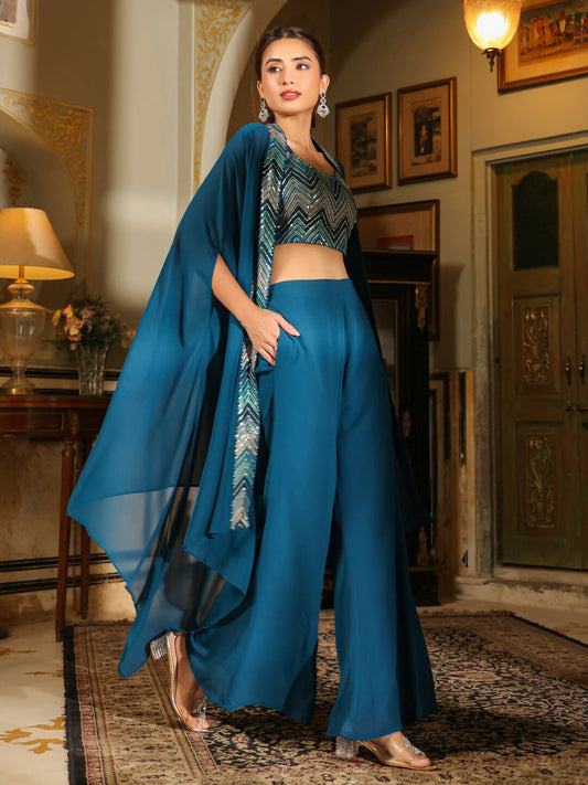 Janasya Teal Blue Georgette Embroidered Top Bottom Cape | Swadesiicart