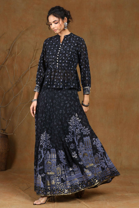 Juniper Women Black Georgette Printed Flared Lehenga Choli Sets | Swadesiicart