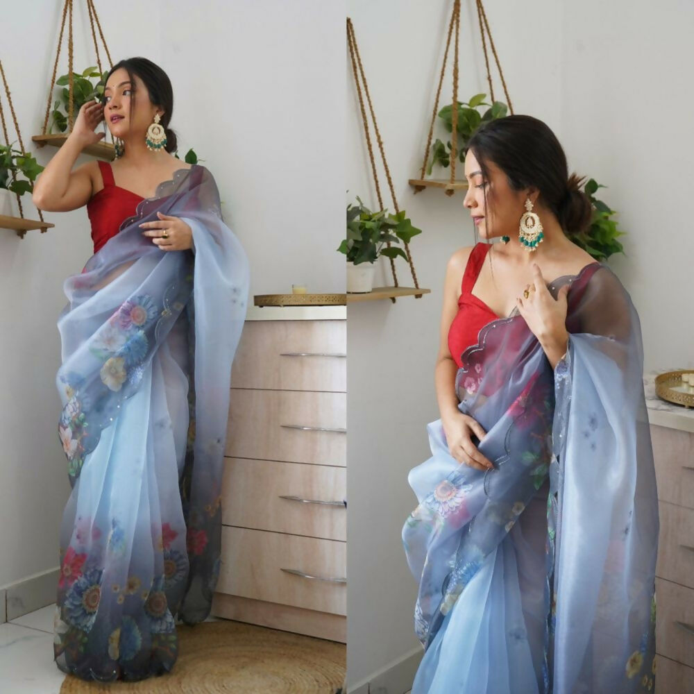 Vamsee Rency Grey Organza Saree - Swadesiicart
