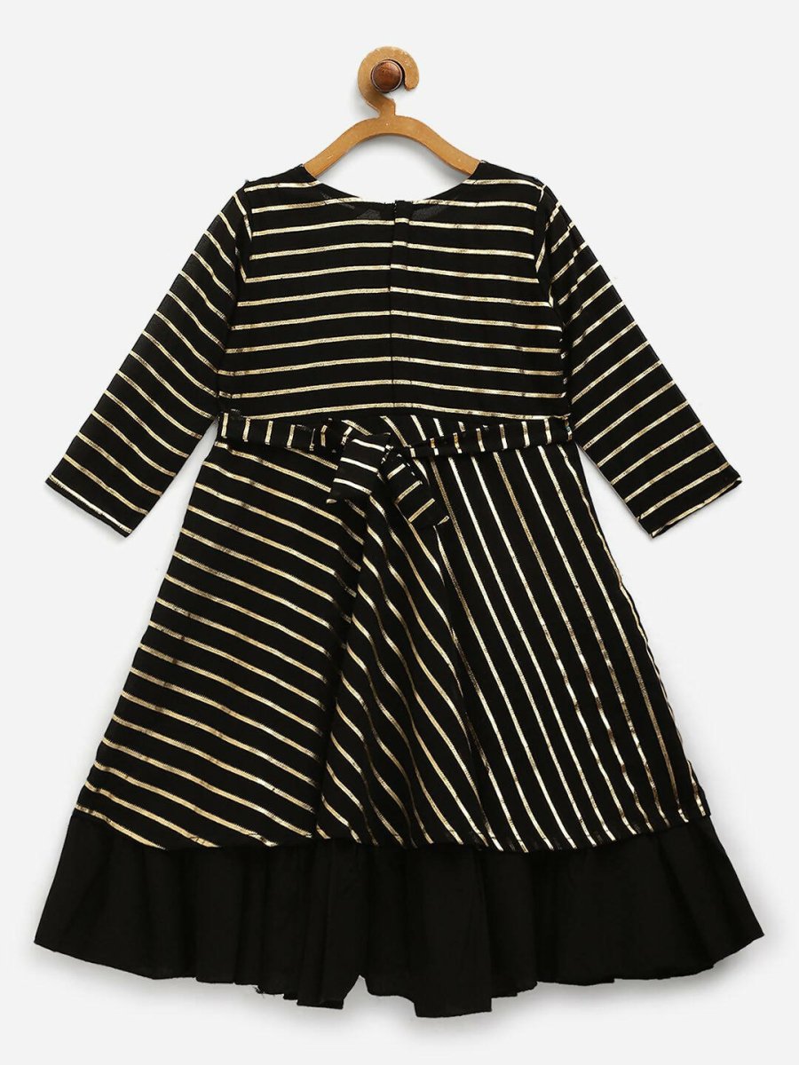 Ahalyaa Black Georgette Gold Print Kids Kurta For Girls | Swadesiicart