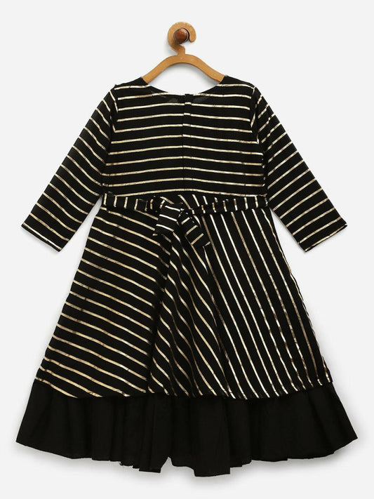 Ahalyaa Black Georgette Gold Print Kids Kurta For Girls | Swadesiicart