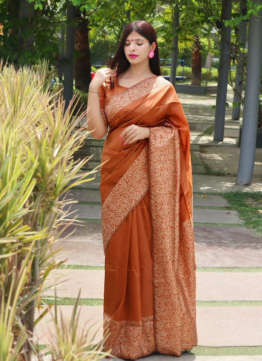 Vishnu Weaves Women's Orange Handloom Raw Silk Woven Border Saree with Unstitched Blouse - Swadesiicart