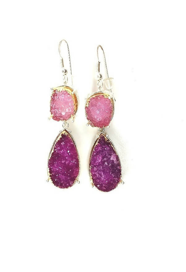 Bling Accessories Pink / Fuchsia Druzy Semi Precious Natural Stone Earrings | Swadesiicart
