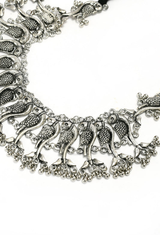 Mominos Fashion Johar Kamal Oxidised Silver-Plated Brass Finish Peacock Choker For Women (Silver) | Swadesiicart