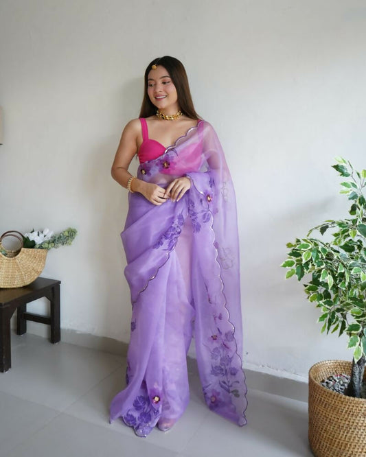 Vamsee Mudra Purple Organza Saree - Swadesiicart