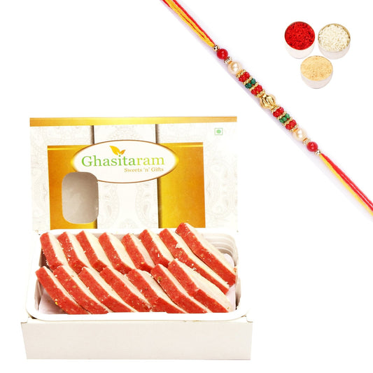 Ghasitaram Irish kaju Katli With Pearl Beads Rakhi | Swadesiicart