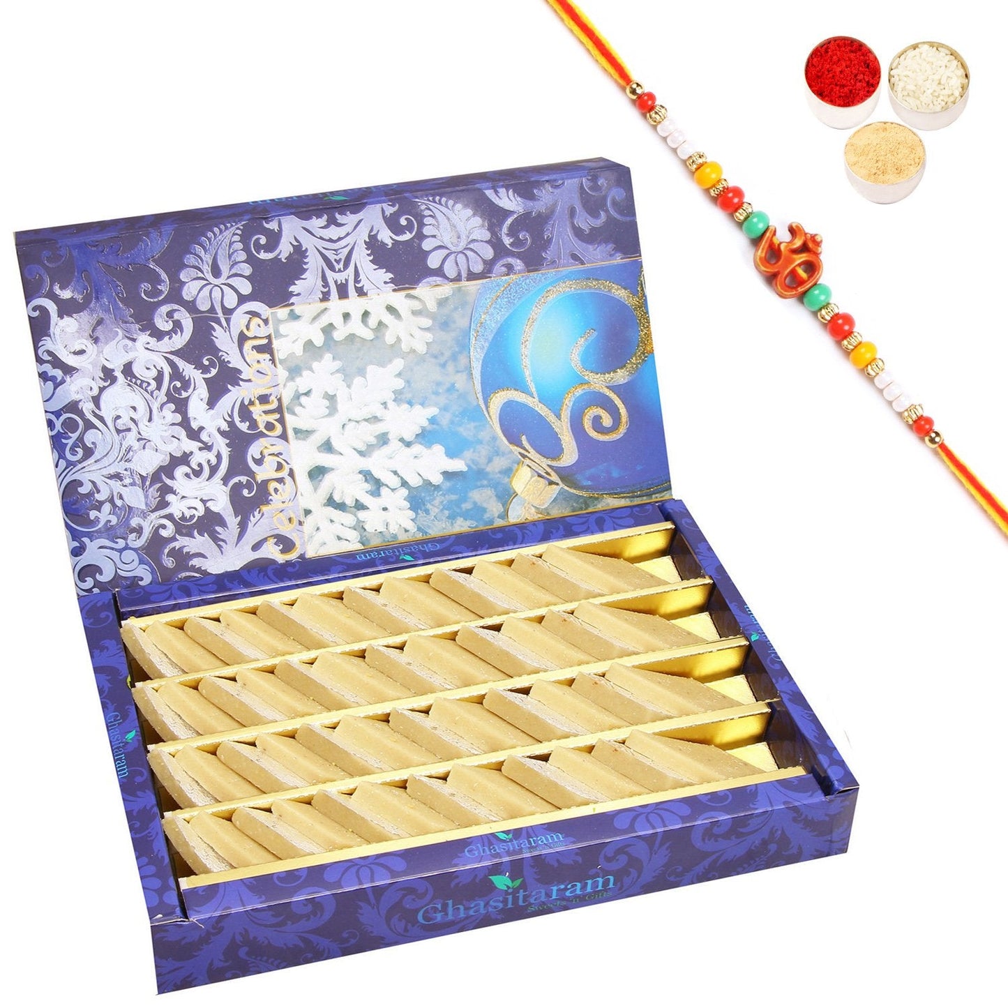 Ghasitaram Pure Kaju Katlis Box With Pearl Beads Rakhi | Swadesiicart