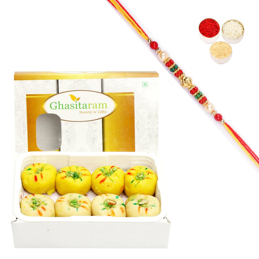 Ghasitaram Mawa Peda Box With Pearl Beads Rakhi | Swadesiicart