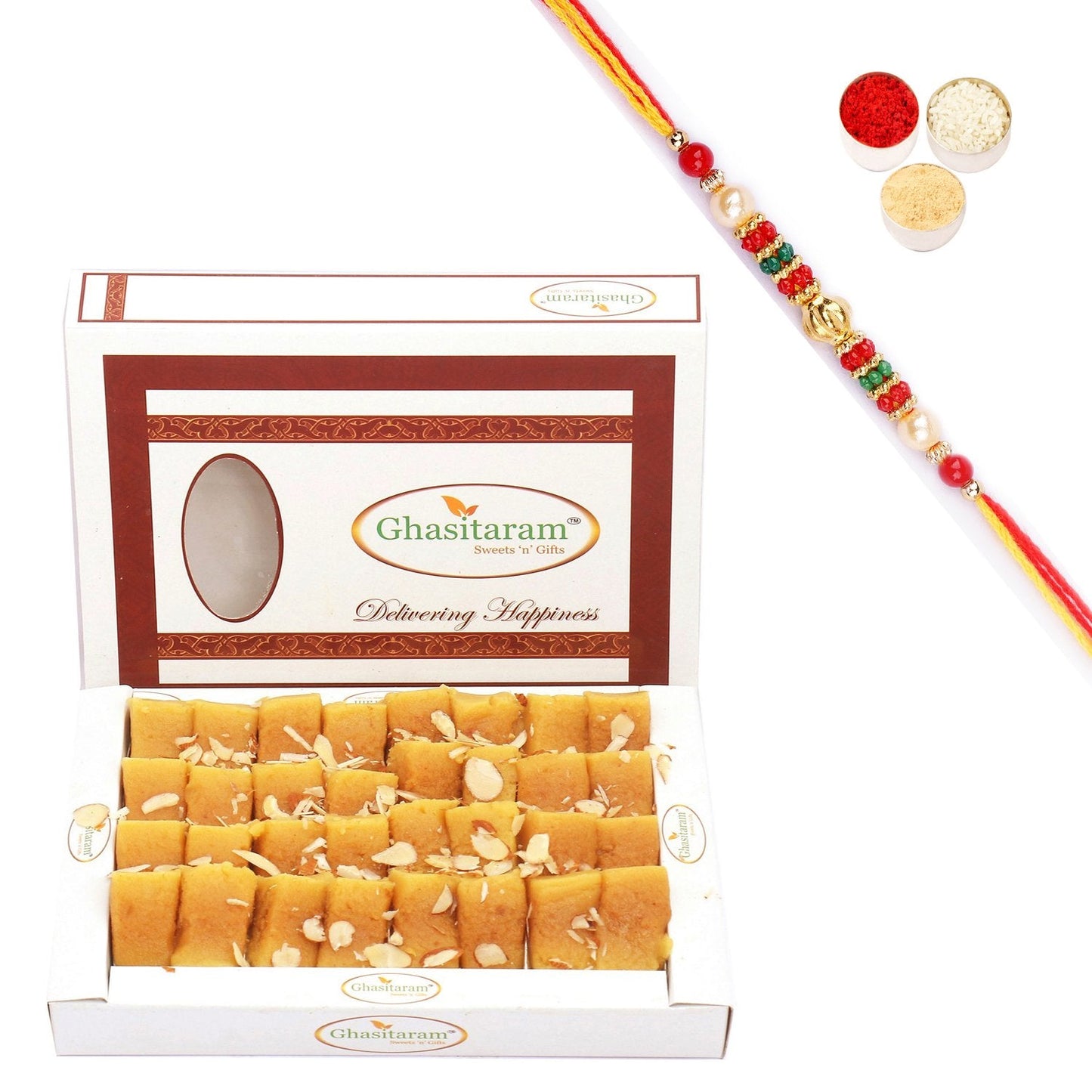 Ghasitaram Soft Mysore pak With Pearl Beads Rakhi | Swadesiicart