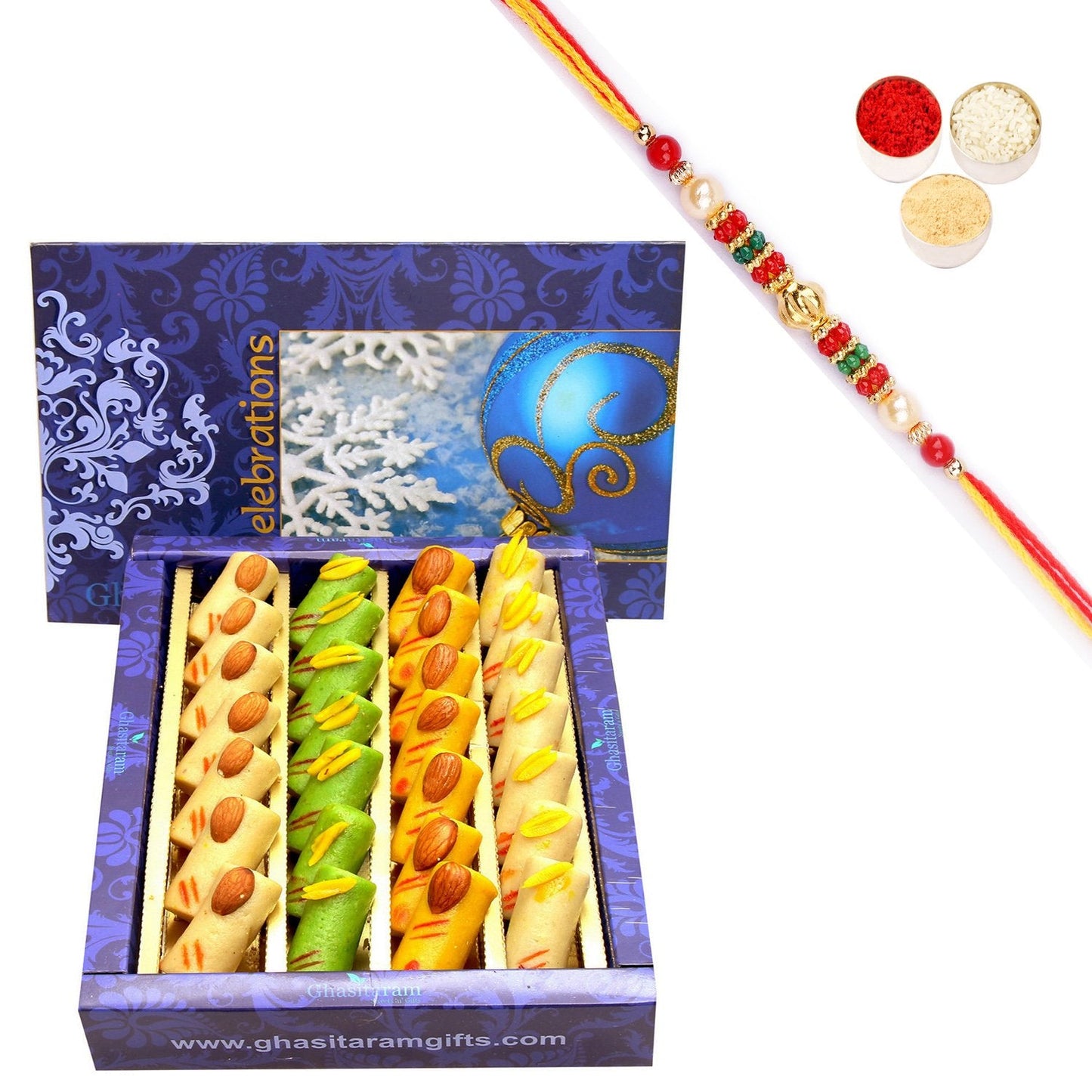 Ghasitaram Assorted Rolls Box With Pearl Beads Rakhi | Swadesiicart