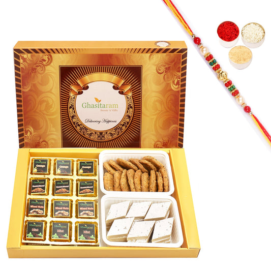 Ghasitaram Assorted Chocolates, Kaju Katli and Methi Mathi With Pearl Beads Rakhi | Swadesiicart