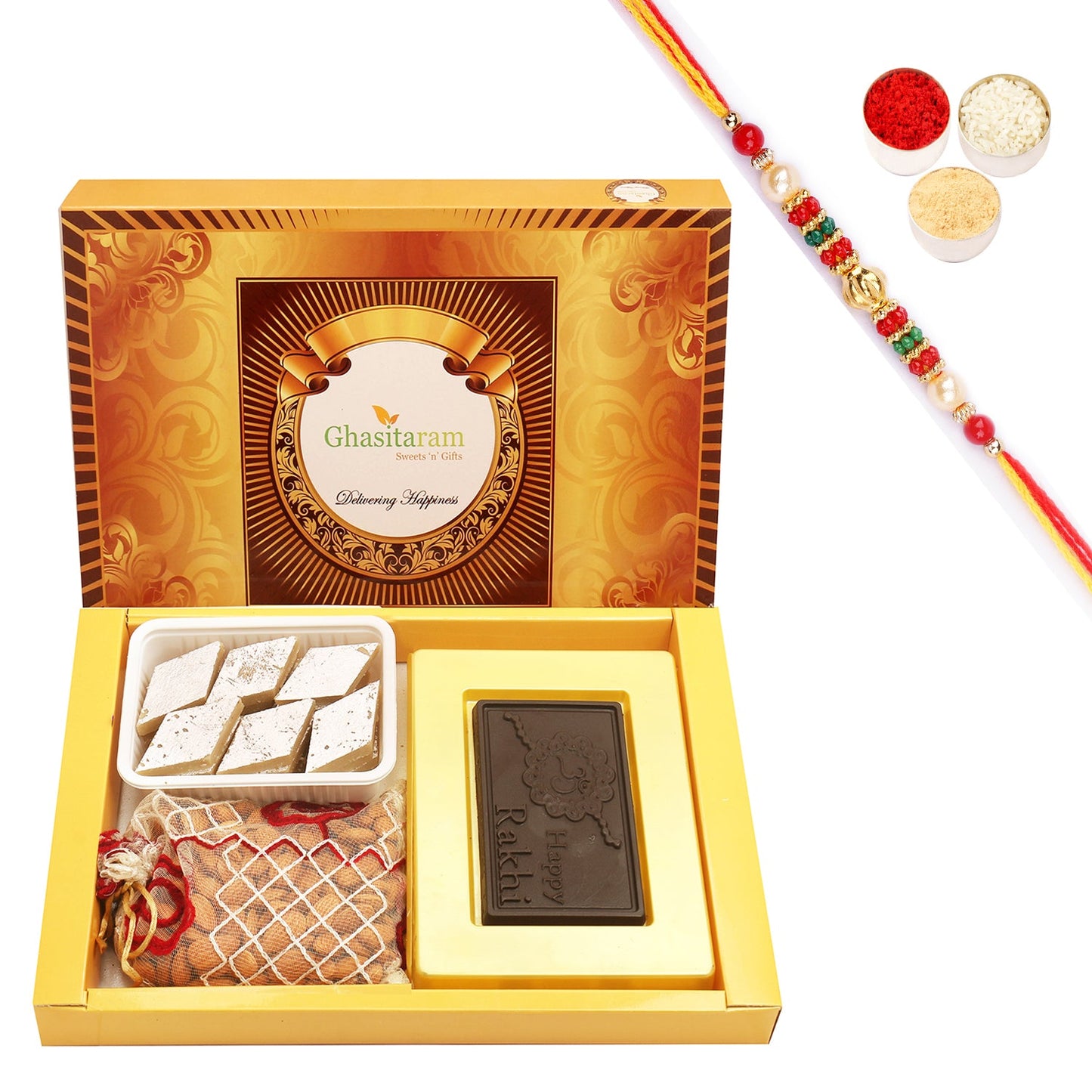 Ghasitaram Happy Rakhi Chocolate, Almonds and Kaju Katli With Pearl Beads Rakhi | Swadesiicart
