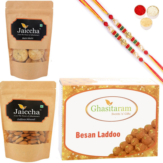 Ghasitaram Besan Laddoo, Methi Mathi and Almonds With 2 Pearl Beads Rakhis - Altcheeni