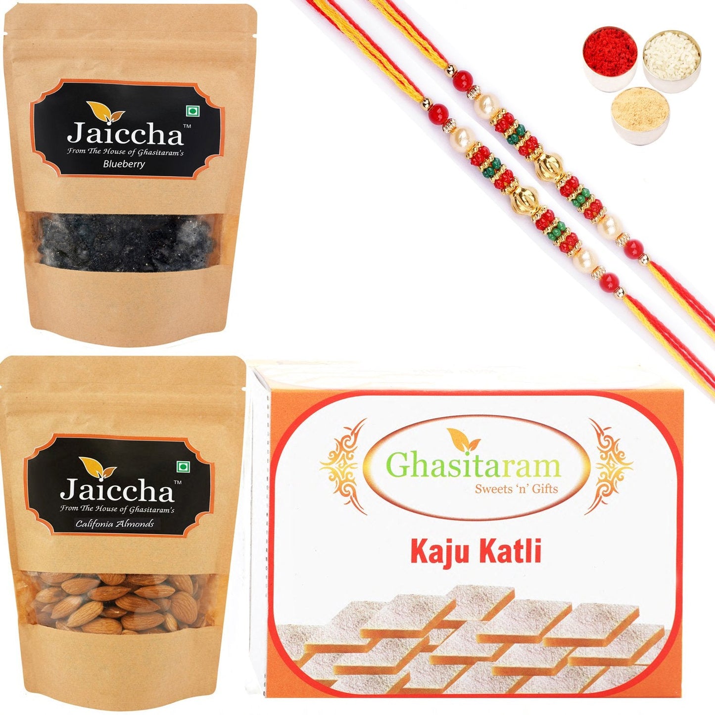 Ghasitaram Kaju Katli ,Blueberry and Almonds Pouch With 2 Pearl Beads Rakhis | Swadesiicart