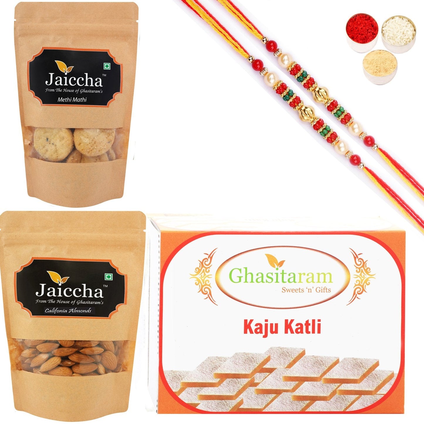 Ghasitaram Kaju Katli, Methi Mathi and Almonds With 2 Pearl Beads Rakhis - Altcheeni