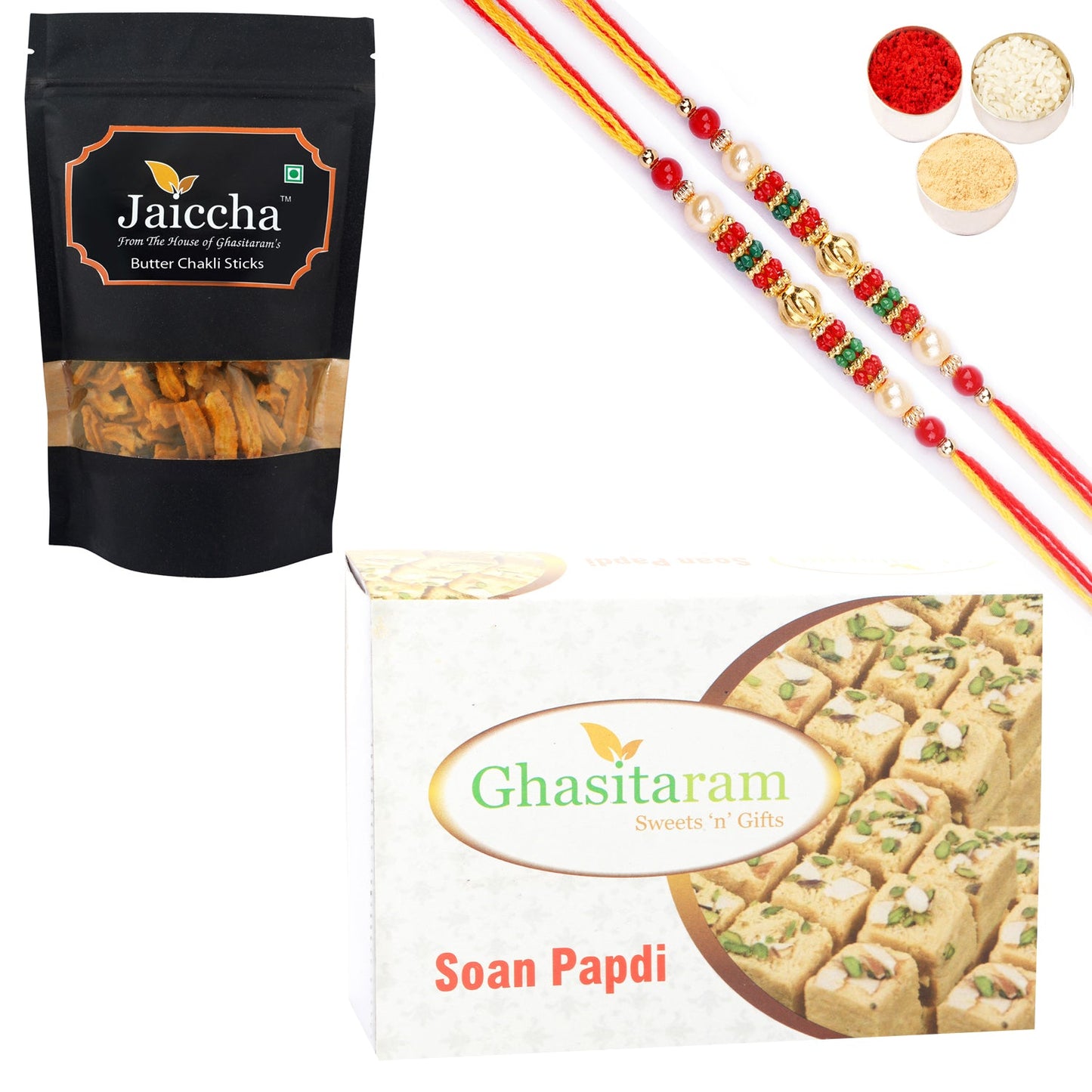 Ghasitaram Soan Papdi and Butter Chakli Sticks With 2 Pearl Beads Rakhis | Swadesiicart